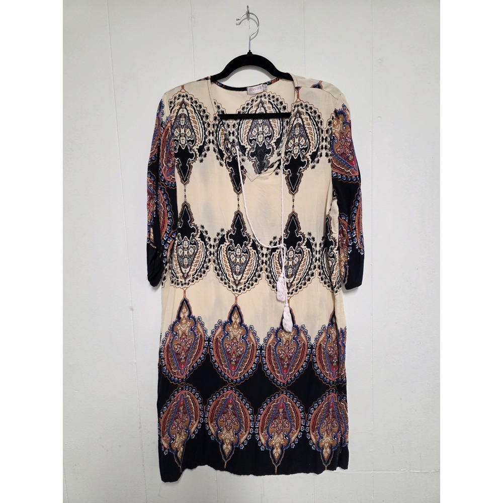 👗✨ Halife‎ Boho Paisley Tunic Dress Women's L Tassel Tie 3/4 Sleeve ✨👗